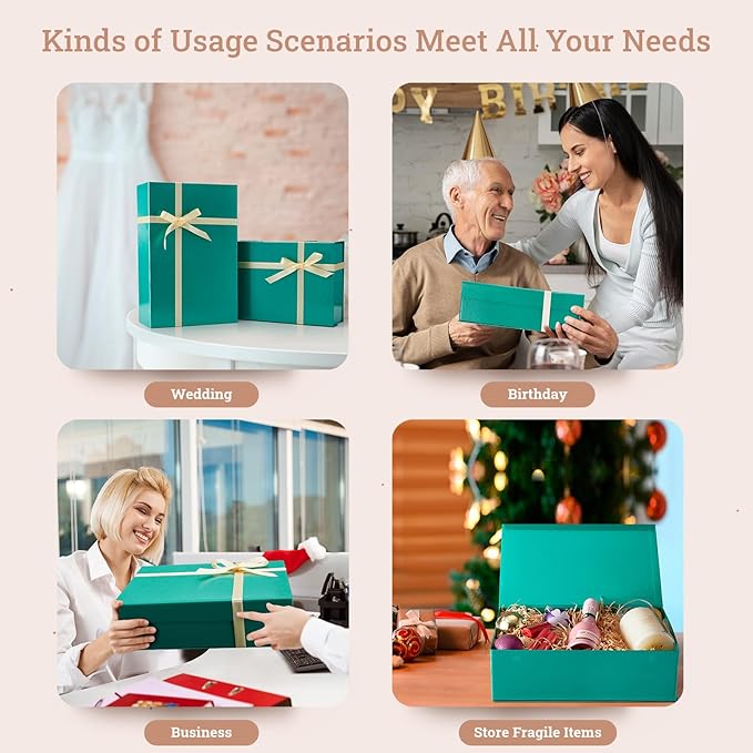 MESHA Gift Box 13.5" x 9" x 4" Magnetic Gift Boxes with Lids Forest Green for Presents Bridesmaids Groomsmen Proposal Box with Ribbon, Card for Valentines Day Wedding Brithday Gift Wrap Packaging