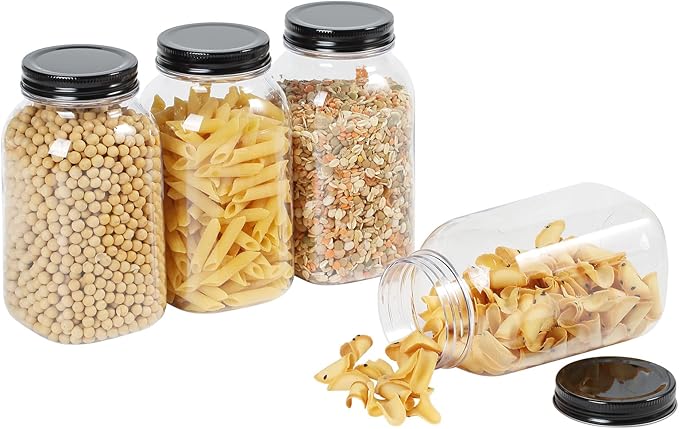novelinks 32 oz Plastic Food Storage Jars with Metal Lids – 6 Pack BPA-Free Clear Airtight Containers for Pantry, Spices, Snacks, Kitchen & Bathroom Organization – Leak-Proof Reusable Jars (Black)