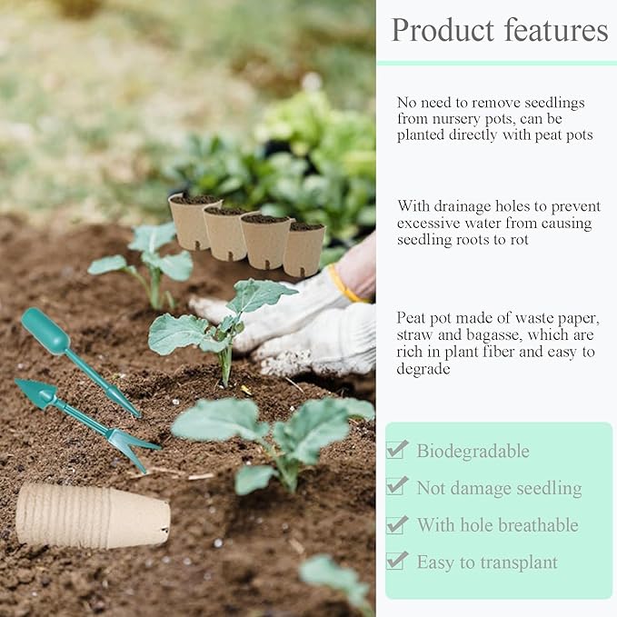 50Pcs Biodegradable Seedling Pots Seed Starter Kit 3.15 Inch Round Peat Pot with Drainage Holes, Plant Labels, Seedling Pickers & Garden Shovels