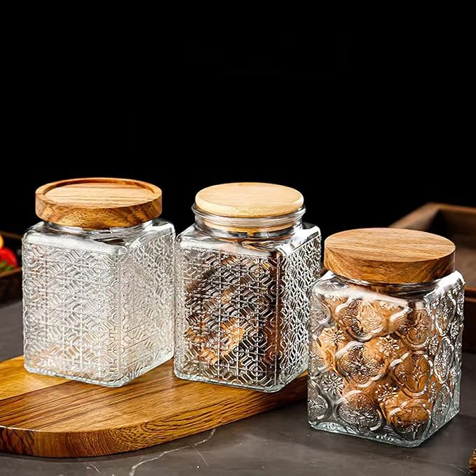 Snminetal Vintage Glass Airtight Storage Jar Set of 2, With Airtight Wood Lid, Kitchen Food Storage Containers,Suitable for storage Tea leaves,Coffee Beans,dried fruits, cereals, etc(Plum pattern)