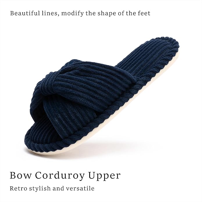 Chantomoo Slippers for Women Memory Foam House Womens Slipper Slides Home Bedroom Bathroom Spa Open Toe Corduroy Bow Slippers Cozy Comfortable