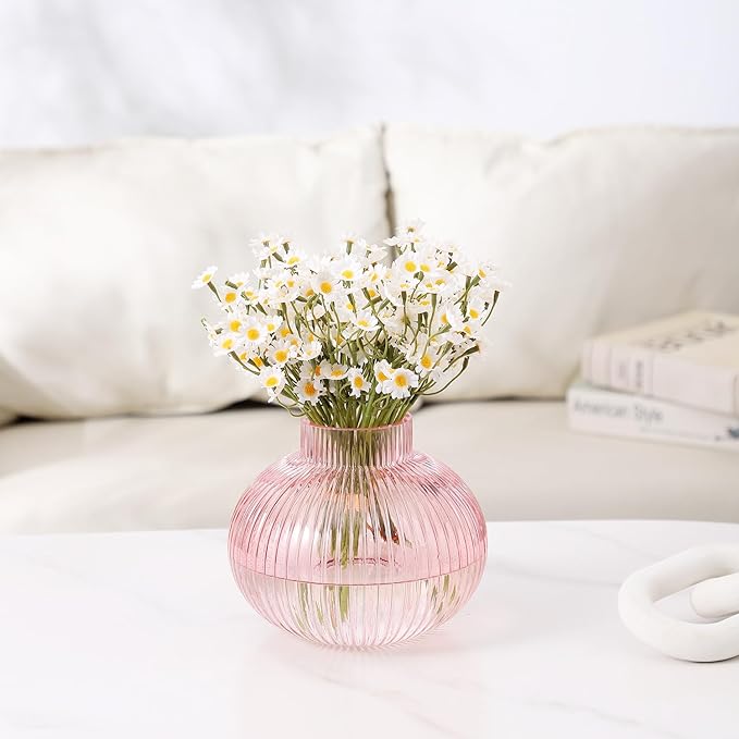 Pink Glass Vase for Flowers, Ribbed Glass Vase, Round Flower Vases for Tulips, Short Vases for Living Room, Office, Coffee Table, Shelf, Wedding, 6 Inches