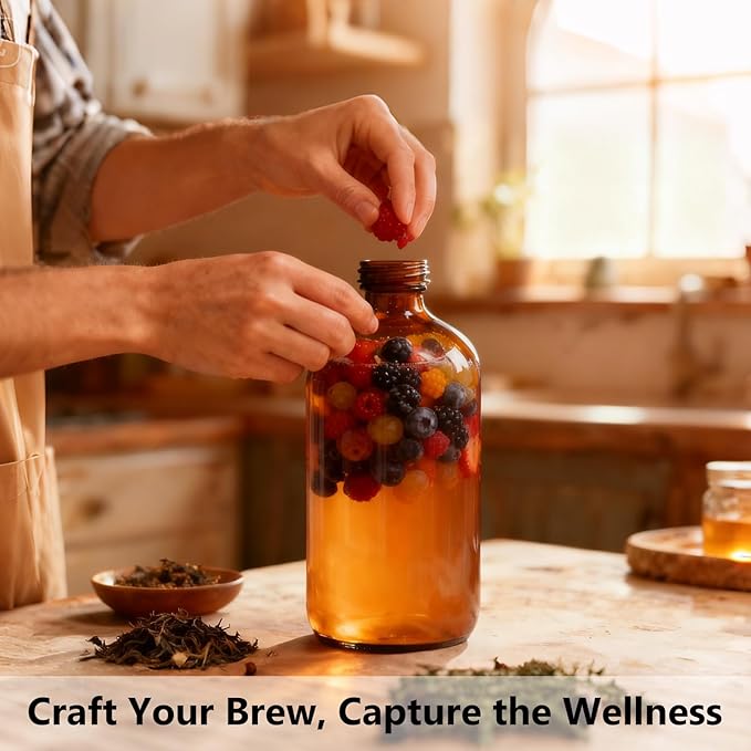 4 Pack 32 oz Amber Glass Boston Round Bottles with Phenolic Polycone Caps – Airtight, Leak-Proof Brown Bottles for Kombucha Brewing, Essential Oils, Storing Condiments, and Homemade Solutions