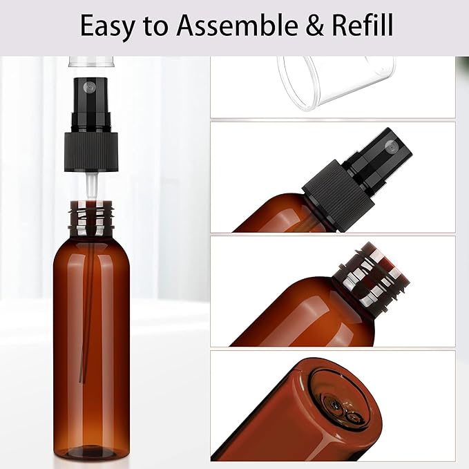 100 PCS 3.4 oz Plastic Spray Bottles with Fine Mist Nozzles for Essential Oil Travel and Refillable Cosmetic Use(Amber)