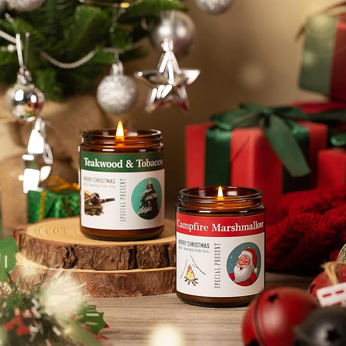 4-Pack Christmas Candles for Home Scented,7.1 oz Soy Wax Holiday Gifts Set with Festive Stickers - Kaki Persimmon, Lavender, Teakwood Tobacco, Bonfire Marshmallow for Home Decor, Aromatherapy