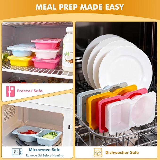 20 Sets Reusable Snack Containers with Lids, 2-Compartment BPA-Free Portion Control Containers for Kids Lunch, Meal Prep & On-the-Go, Refrigerator & Microwave Safe with 10 Animal Forks (4 Color)