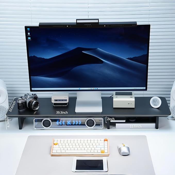 Bamboo Dual Monitor Stand Riser Black, 2-Tier Desk Monitor Riser for 2 Monitors, Supports for PC Computer Monitor, Printer, Heavy TV Riser up to 300 lbs