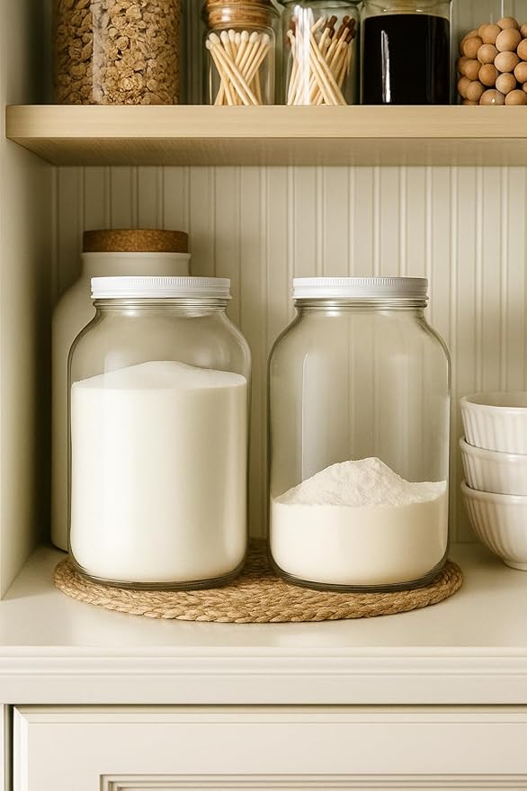 kitchentoolz Glass Flour & Sugar Jar Set - Large Gallon Glass Jars with Metal Airtight Lids- Containers for Pantry Storage - Big Mason Jars & Caps Made in USA