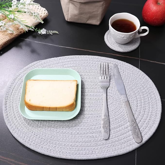 4 Pack Oval Woven Placemats, Gray Cotton Rope Braided Placemats with 4 Pack Round Fabric Coasters, Heat-Resistant Non-Slip Cotton Table Mats Charger Plates for Table Decoration (Gray)
