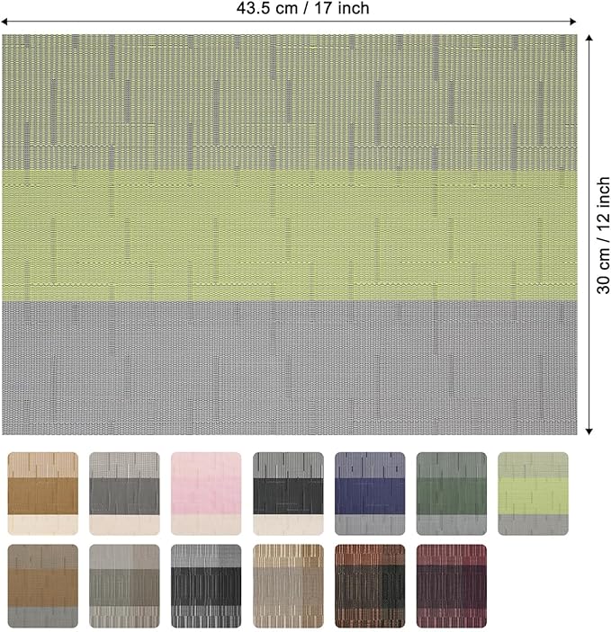 Placemats Set of 6, Vinyl Woven Place Mats Indoor Set of 6 Washable Wipeable PVC Table Mats Heat-Resistant Non Slip Placemat for Kitchen Dining Outdoor Table (Gray Grass Green, Set of 6)