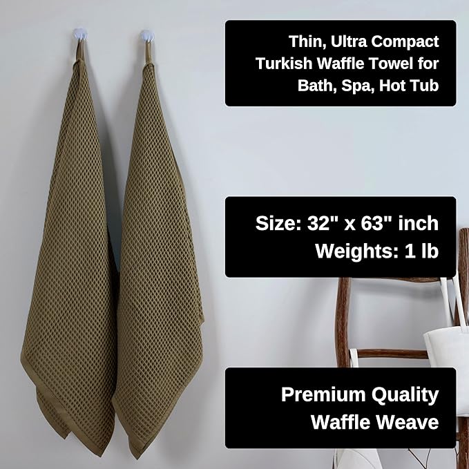 PÜSKÜL Premium Waffle Bath Towels Set of 2 - Organic 100% Turkish Cotton Bath Towel - Quick Dry, Absorbent, Light, Thin, 32x63 Large Waffle Towels for Bathroom (Khaki Green Bath Towels - Pack of 2)