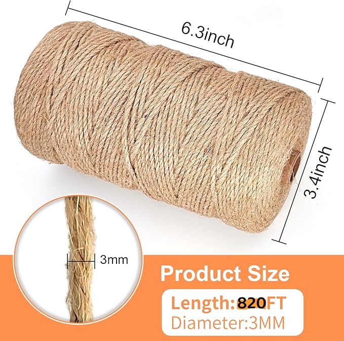 Twine String for Christmas, 3mm 820FT Jute Rope for Gift Wrapping & Handmade Arts Crafts , Burlap String for Gardening Climbing Plant, Hemp Cord for Wedding & Party Decoration