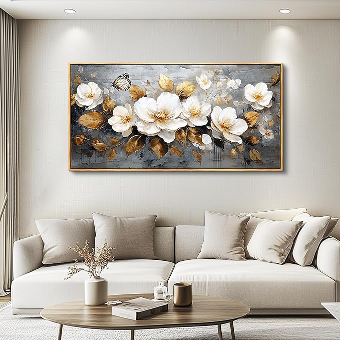 FUHAIHUA Wood Framed Canvas Wall Art For Living Room Wall Decor For Bedroom Office Wall Decoration White Flower Painting Farmhouse Pictures Artwork Room Aesthetic Home Decor 20x40 In