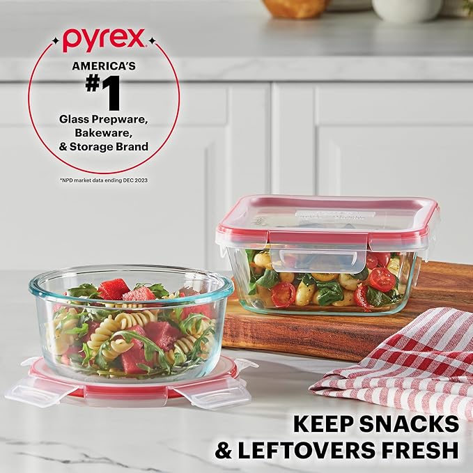 Pyrex Freshlock (7-Pack) Glass Food Storage Containers Set, (1, 2, 4 Cups) Airtight & Leakproof Locking Lids BPA-Free, Meal Prep Containers Set, Freezer Dishwasher Microwave Safe