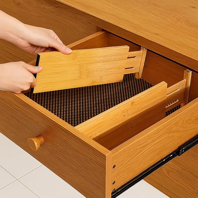 Adjustable Bamboo Drawer Dividers 6 Pack, Expandable Drawer Organizer for Kitchen, Bedroom, Bathroom and Dresser, Each Divider Expands from 12" to 17.5" Height 4.5 – Free Mat Included in Package.
