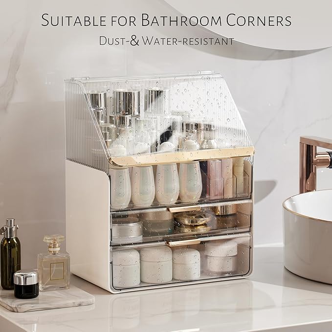 JOYMOOP Makeup Organizer with Transparent Cover, Skincare, Lipstick and Perfume Storage, Cosmetic Organizer, Makeup Box for Bathroom Countertop or Vanity Desk, White & Gold