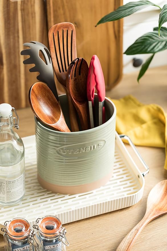 YHOSSEUN Kitchen Utensil Holder, Ceramic Utensil Holder for Kitchen Counter 6.7" Large Cooking Utensil Crock Farmhouse Utensil Organizer Storage, Oval Opening, Green