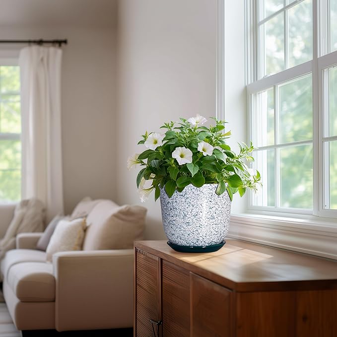 Ceramic Pots for Plants - 8 Inch Plant Pot for Indoor Outdoor, Round Flower Pot with Drainage Hole and Saucer, Decorative Planters, Modern Planter, Patio Decor, House Warming Gift, Green