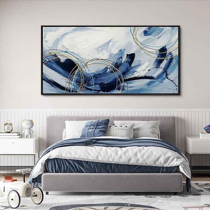 yiijeah Large Wall Art - Abstract Canvas Painting for Living Room Decor Modern Art Work for Wall Giant Gray Paint Office Bedroom Blue and White Home Decor