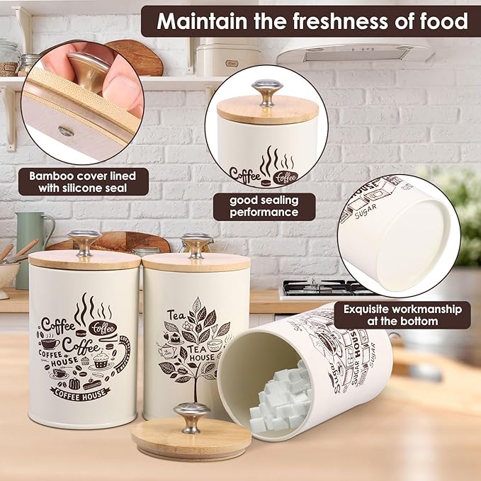 3 Pcs Vintage Tea Coffee Sugar Canister Set with Bamboo Lid, 30 oz Metal Vintage Coffee Tea Sugar Container Set for Home Countertop Pantry Farmhouse Decor