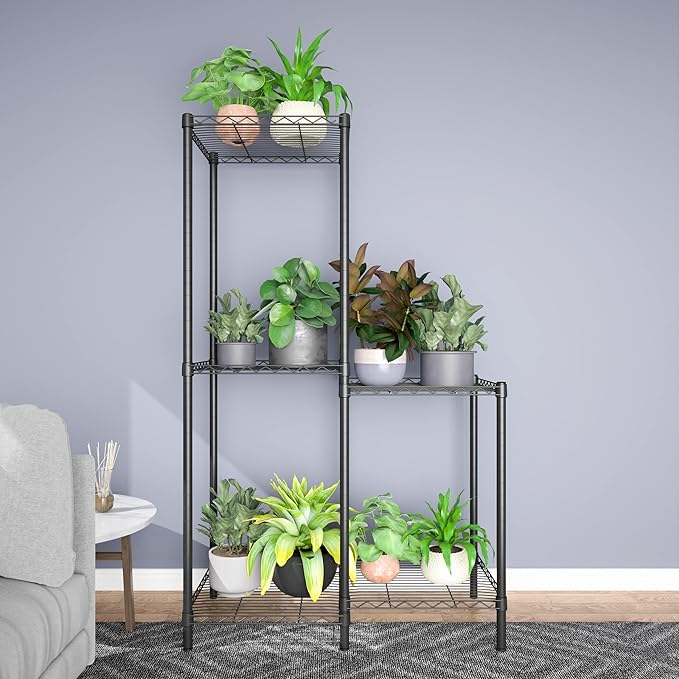Xiofio 5-Tier Plant Stand for Indoor Outdoor, Reinforced Plant Shelf for Multiple Plants Plant Rack ,Adjustable Plant Stand Suitable for Bedroom Living Room Balcony Garden,Black