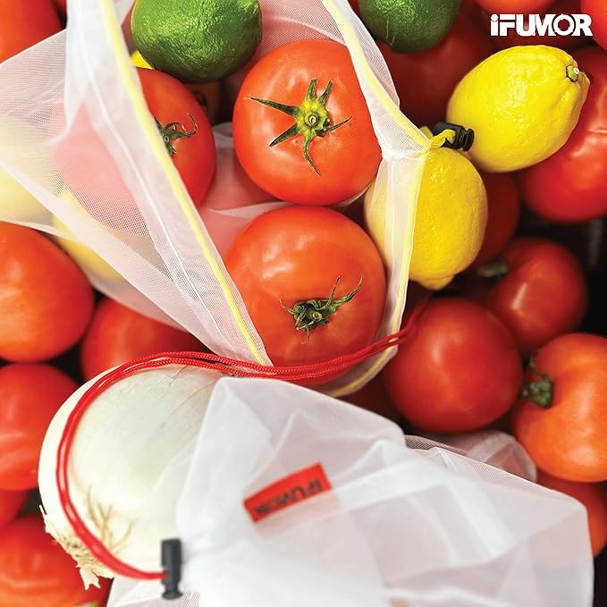 9 Pack Eco Friendly Reusable Mesh Produce Bags Washable Durable Drawstring with Colorful Tare Weight Tags Grocery Storage Vegetable Bags 3 Sizes