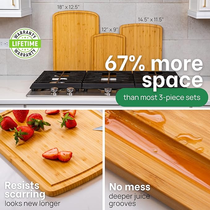 Organic Wood Cutting Boards for Kitchen for Chopping Vegetables, Carving Meat, Slicing Bread and Serving Charcuterie for Meal Time Prep, Holiday Gatherings, and Hosting Parties - Ideal for Home Chefs