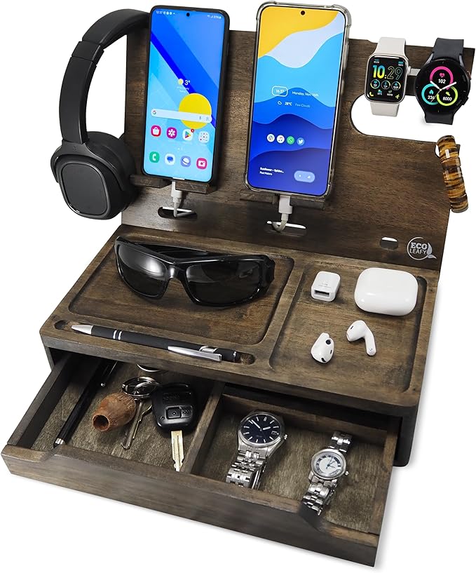 Nightstand Organizer with Drawer- Wood Phone Docking Station- Desk Organizer for Two Phones or Tablet, Watches, Headphone & Accessories- Unique Gifts for Men, Dad or Son (Rustic Gray)