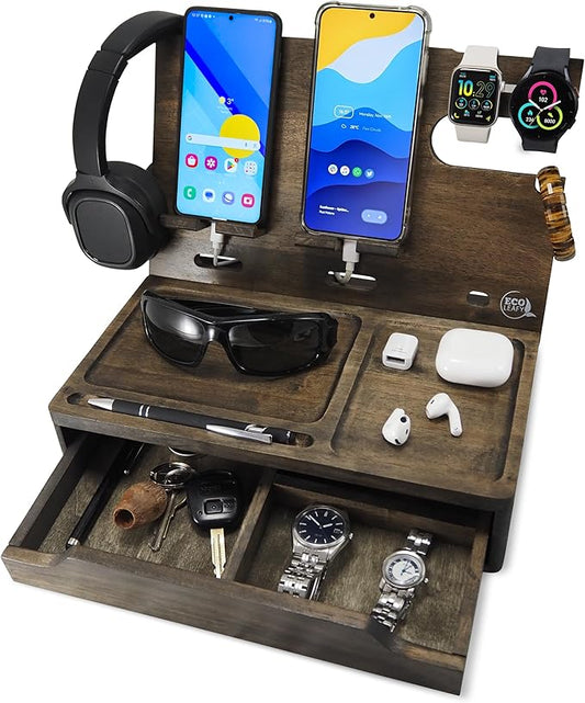 Nightstand Organizer with Drawer- Wood Phone Docking Station- Desk Organizer for Two Phones or Tablet, Watches, Headphone & Accessories- Unique Gifts for Men, Dad or Son (Rustic Gray)