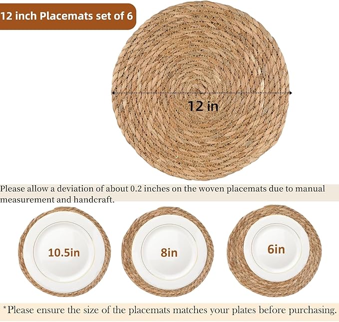 Round Woven Placemats Set of 6, 12" Boho Rattan Chargers for Dinner Plates, Natural Farmhouse Weave Place Mats, Rustic Braided Wicker Table Mats for Dining Table, Home, Outdoor