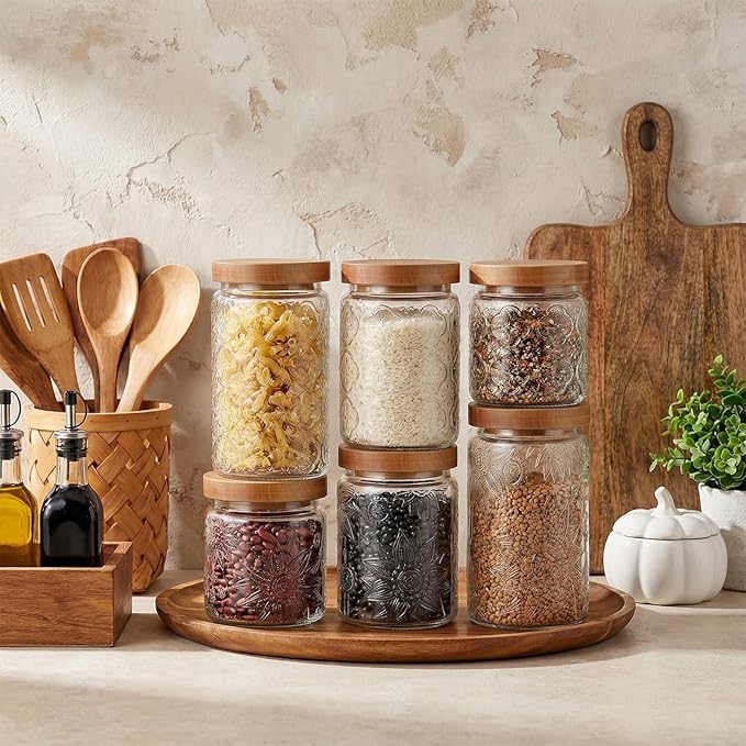 6 Pcs Vintage Glass Jar with Wooden Lid 17/24/34 oz Glass Airtight Food Storage Container with Lid Jar Begonia Sunflower Pattern for Kitchen Sugar Coffee Tea Beans Candy Cookie