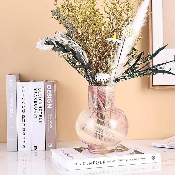 Pink Hand Blown Glass Wide Mouth vase for Home Decoration Short Round Glass vase for Living Room, Dining Table, Bookcase, TV Cabinet, Bookshelf and Office Desktop Decoration.