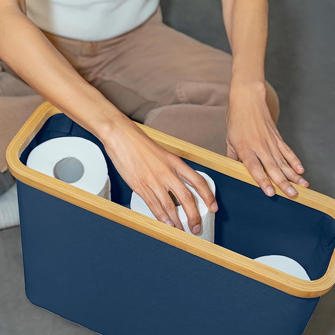 LONBET Toilet Paper Storage for 12 Rolls, Stackable & Foldable - The Ultimate Bathroom Organizer - Waterproof Basket with Bamboo Lid - Elegant Toilet Paper Storage Holder, Blue