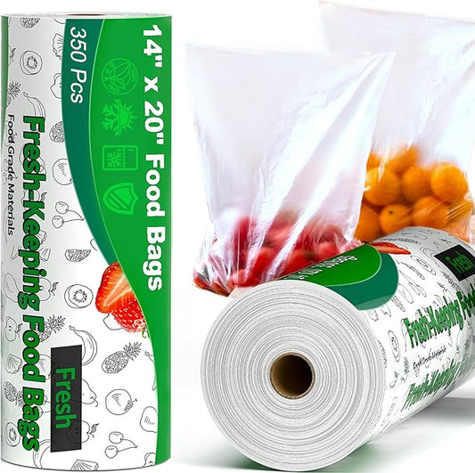 Food Bag, 14" X 20" Plastic Produce Bags Roll, Fresh-Keeping Clear Plastic Bag for Food, Fruit, Vegetable, Bread, Kitchen, freezer, Supermarket, 350 Produce Bags/Roll (2 Rolls)