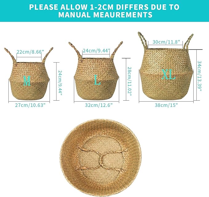 Seagrass Belly Basket, Set of 2 Woven Plant Pot Holder handmade Home Decor for Storage Plants Picnic Grocery Medium(10.63 x 9.44 inch)
