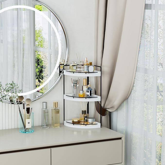 Corner Bathroom Counter Organizer, 3 Tier Bathroom Sink Shelf Countertop, Wood Vanity Skincare Storage for Toiletries Decor, Makeup, Dresser (White)