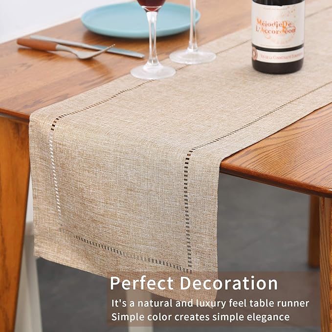 Tosewever Decorative Linen Table Runner Farmhouse Style Tabletop Collection 14 x 108 Inches Table Runners for Everyday Dining Wedding Party Holiday Home Decor (14" x 108", Light Coffee/Straight)