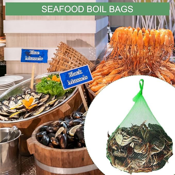 100Pcs Reusable Produce Plastic Mesh Bag,20 Inch Seafood Boil Bags，Kitchen Organizer Produce Packaging Supplies Net，Vegetable and Fruit Seafood Plastic Mesh Strap Storage Bag (Yellow)