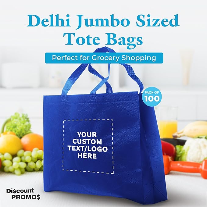 DISCOUNT PROMOS Custom Jumbo Sized Tote Bags Set of 100, Personalized Bulk Pack - Reusable Grocery Bags, Shopping Bags, Promotional Item Totes for Women - Blue