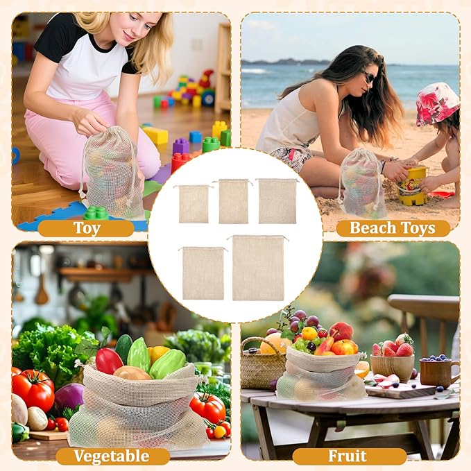 20 Pack Reusable Cotton Mesh Produce Bags Washable Grocery Vegetable Bags with Drawstring Farmers Market Bag for Grocery Shopping Fruits Storage Transporting Storing (4XXL,4XL,4L,4M,4S)