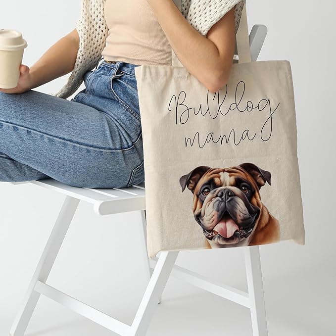 Bulldog Mama Tote Bag – Cute English Bulldog Dog Lover Canvas Bag, Reusable Shopping Shoulder Bag for Women, Pet Mom Gift, Everyday Grocery & Travel Tote.018