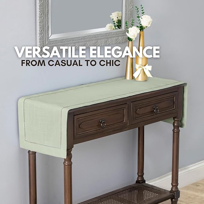 Sage Green Table Runner with Hemstitch – Light Green Runner for Farmhouse Decor, Rustic Dining Table, Dressers, and Home Decoration (14 x 108 Inches Long)