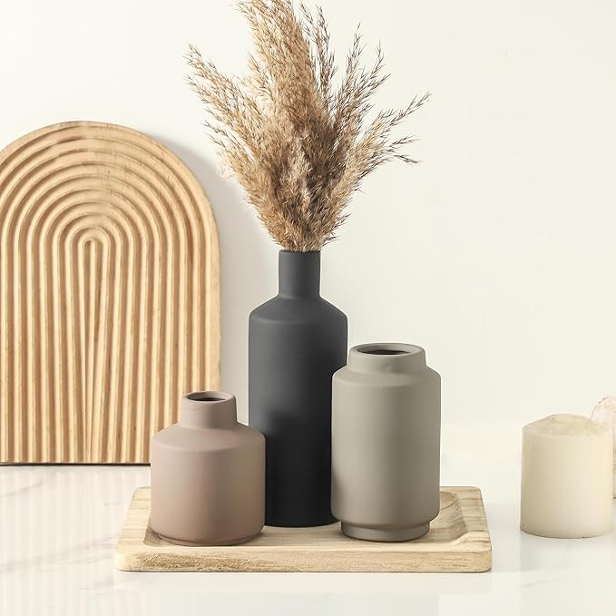 Ceramic Vase Set of 3, Modern Decorative Vases for Home Decor, Small Flower Pottery Vase Sets, Boho Farmhouse Rustic Vases for Living Room, Kitchen, Bedroom, Bathroom, Shelf, Table