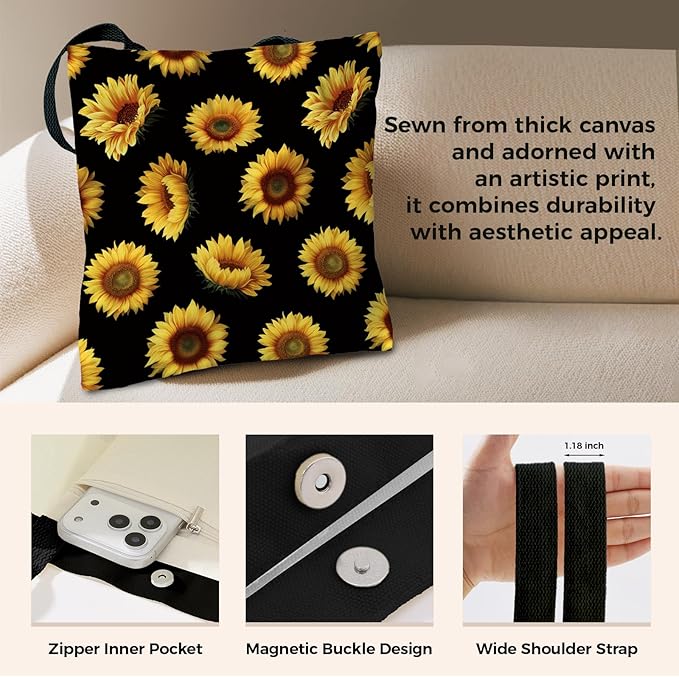 Cute Aesthetic Canvas Tote Bag for Women, Reusable Foldable Shopping Cotton Shoulder Totebag with Zipper Pocket