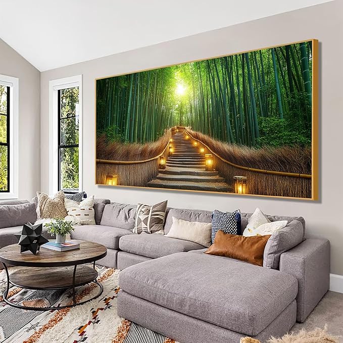 Bamboo Forest Canvas Art, Kyoto Japan Bamboo Picture, Nature Wall Decor, Home Decor for Bedroom & Living Room (Black Framed, 59"x33"|150x84cm)