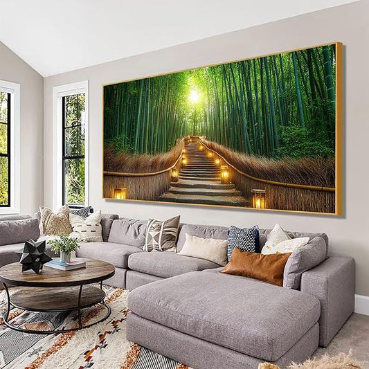 Bamboo Forest Canvas Wall Art, Kyoto Japan Bamboo Canvas Wall Art, Bamboo Forest Picture Prints, Nature Pictures Wall Decor Large, Home Decor, Canvas Wall Art for Bedroom, Living Room (Gold Framed, 69"x39"|174x98cm)