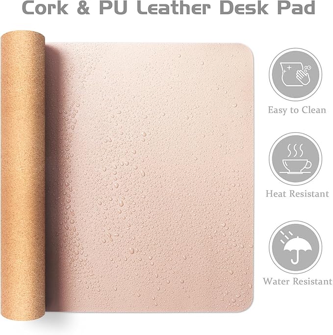 Aothia Double-Sided Desk Pad – 37.8"x17" Leather Desk Mat with Eco Cork Protector, Large Mouse Pad, Waterproof Desk Blotter for Office/Home (Pink)