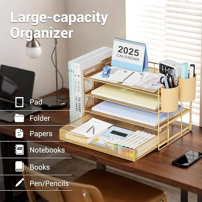 OPNICE Desk Organizer and Accessories, 4-Tier Desktop File Organizer with Drawer and 2 Pen Holders, Office Desk Accessories, File Sorters, Workspace Organizers for Office Supplies(Gold)
