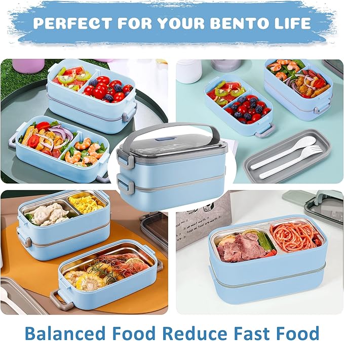 Bento Lunch Box for Kids Women Men, 47oz 2-Compartment Snack Salad Food Prep Pack Container for Lunch, Stainless Steel 2 Layers Stackable Lunch Containers for Adults and Teens Light Blue