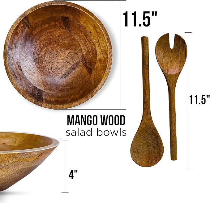 Large Wooden Salad Bowl 11.5 Inches with Serving Utensils | Mango Wood Bowl Set for Serving | Large Wood Salad Bowl for Family Meals, Pasta, Popcorn | Handcrafted Wooden Serving Bowl